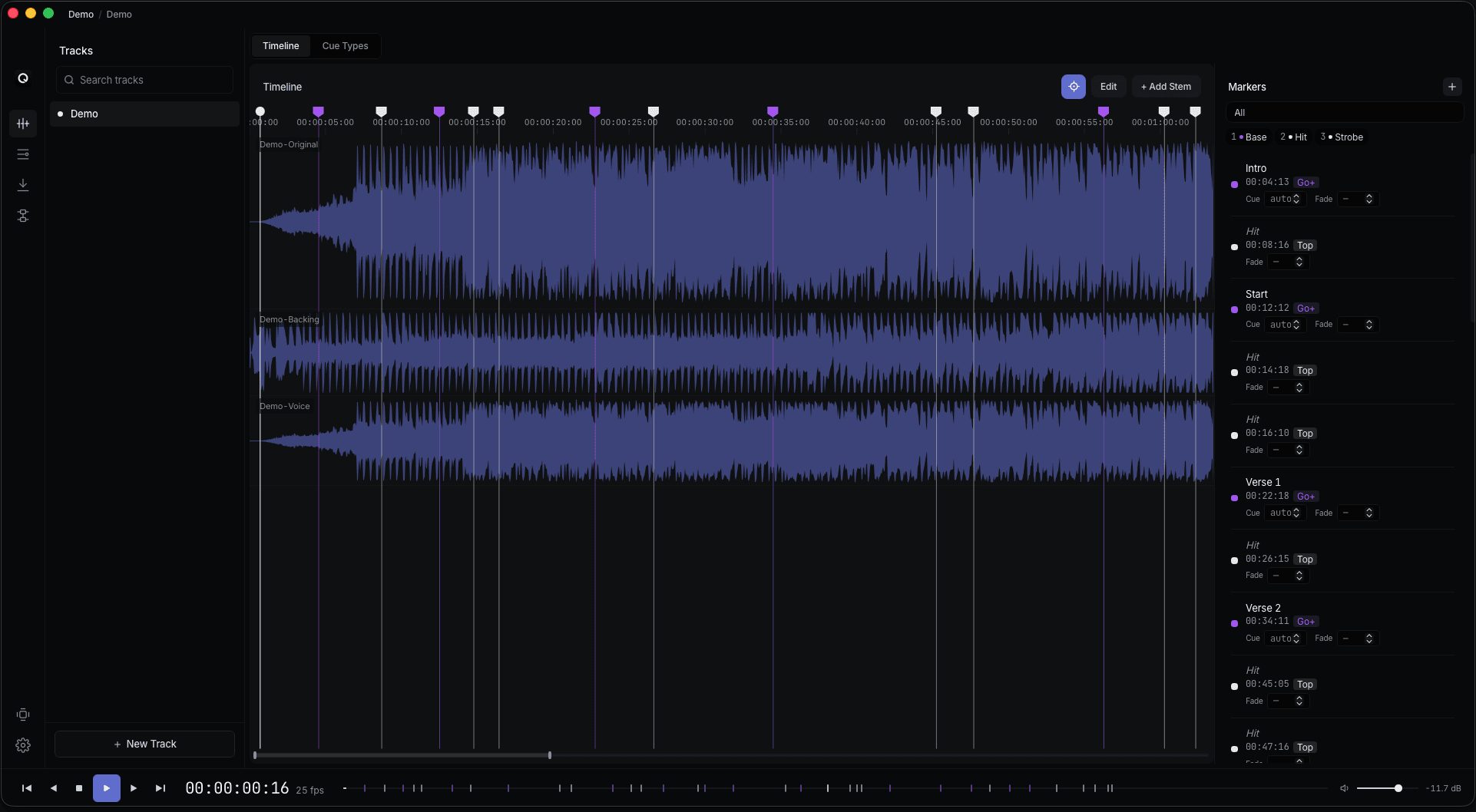 QTracks workspace — multi-stem timeline with waveforms and marker lanes