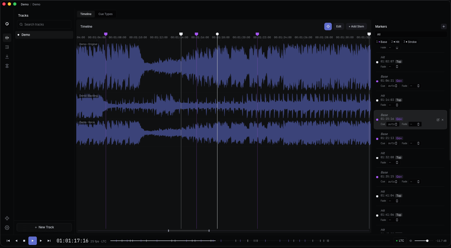 QTracks timeline mid-playback — the playhead runs through the waveforms while timecode streams to grandMA3