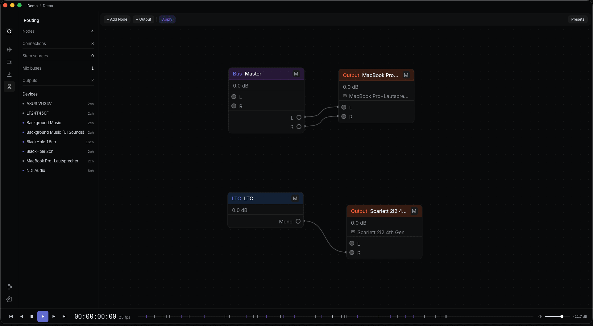 QTracks routing canvas — stems, mix buses, LTC and outputs wired to devices